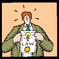 man holding up drawing of  lightbulb and sun with the text "law" on it